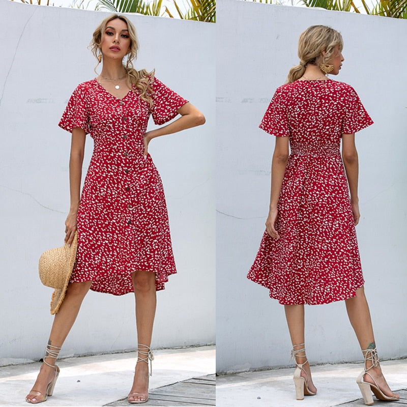 2021 Summer Dress Midi V-Neck Printed ...